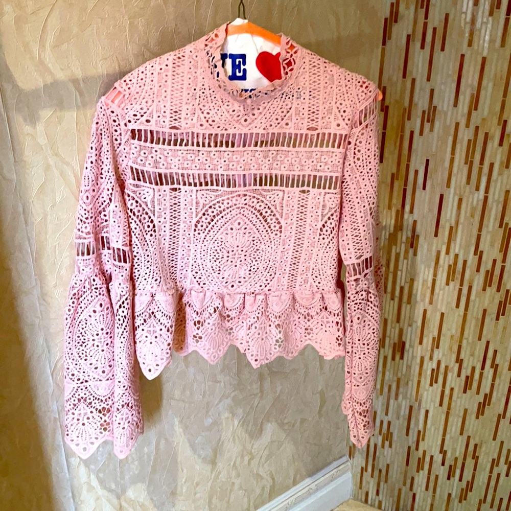 pink lace blouse, crochet material, worn 2x